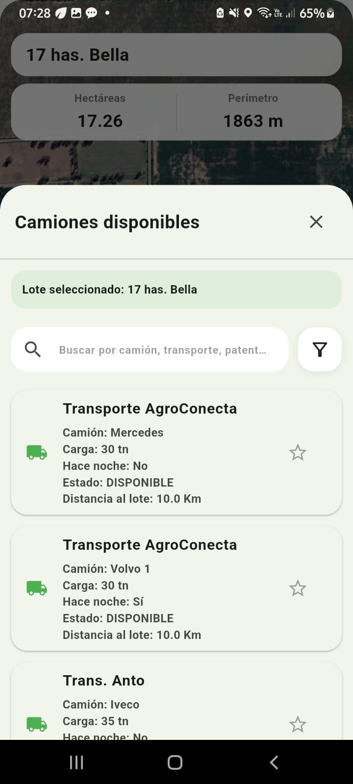 Búsqueda de camiones disponibles en AgroConecta.ar
