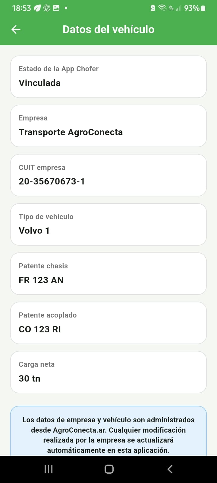Datos del vehículo vinculados en AgroConecta Chofer