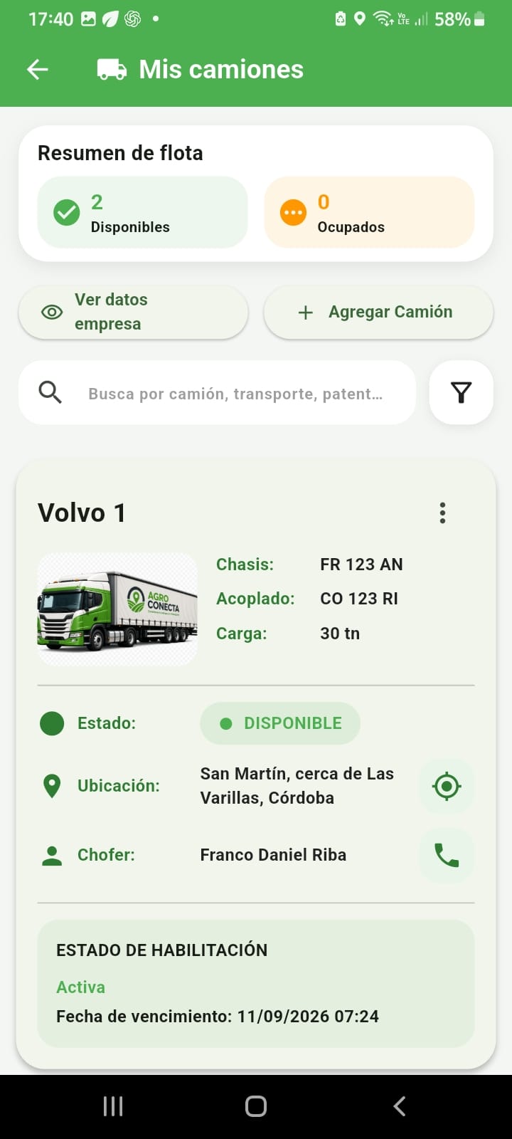 Pantalla Mis camiones de AgroConecta.ar