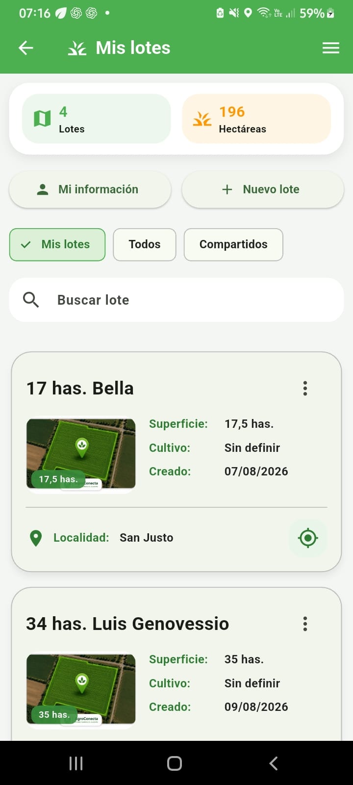 Pantalla Mis lotes de AgroConecta.ar