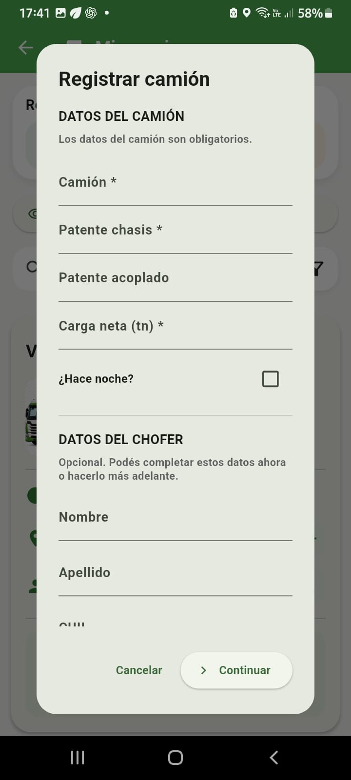 Registro de camión en AgroConecta.ar
